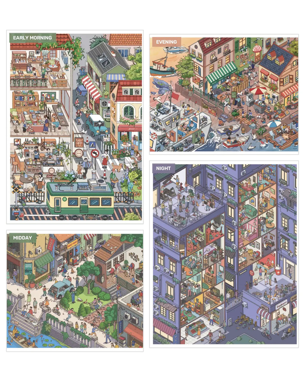 Day to Night City Collection - 4 miniature city scenes overview