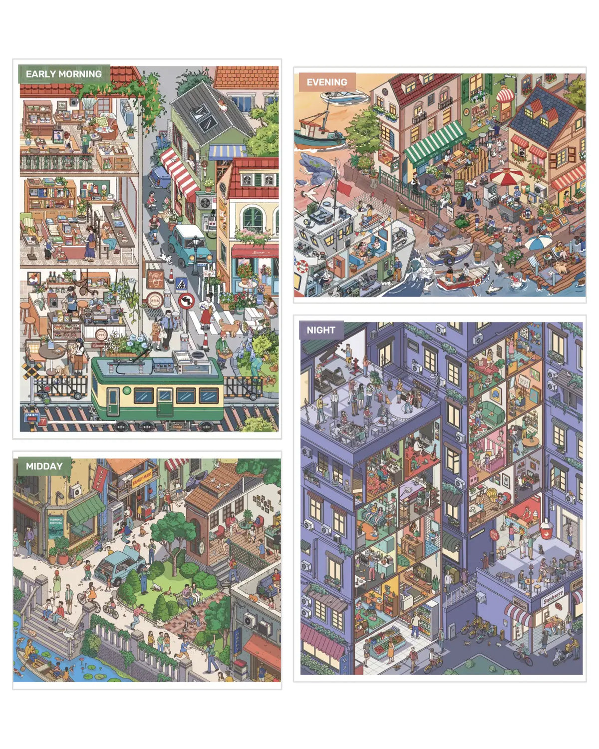 Day to Night City Collection - 4 miniature city scenes overview