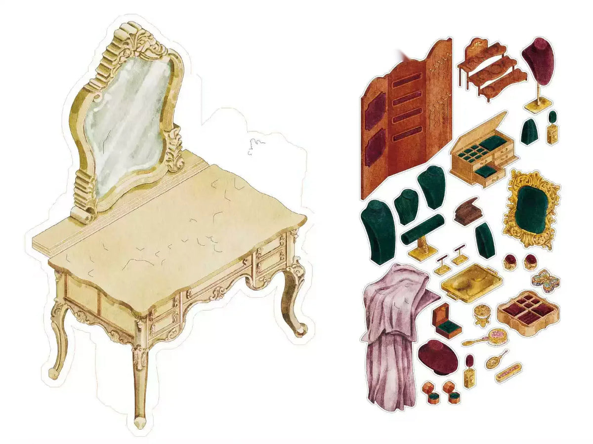 Vanity Table - backdrop card and sticker sheets breakdown