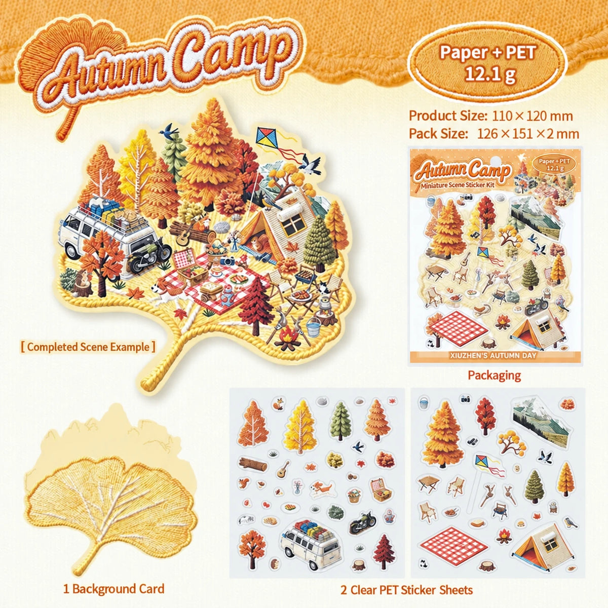 Autumn Camp DIY scene sticker kit: completed example, two PET sticker sheets, one background card and dimensions in English.