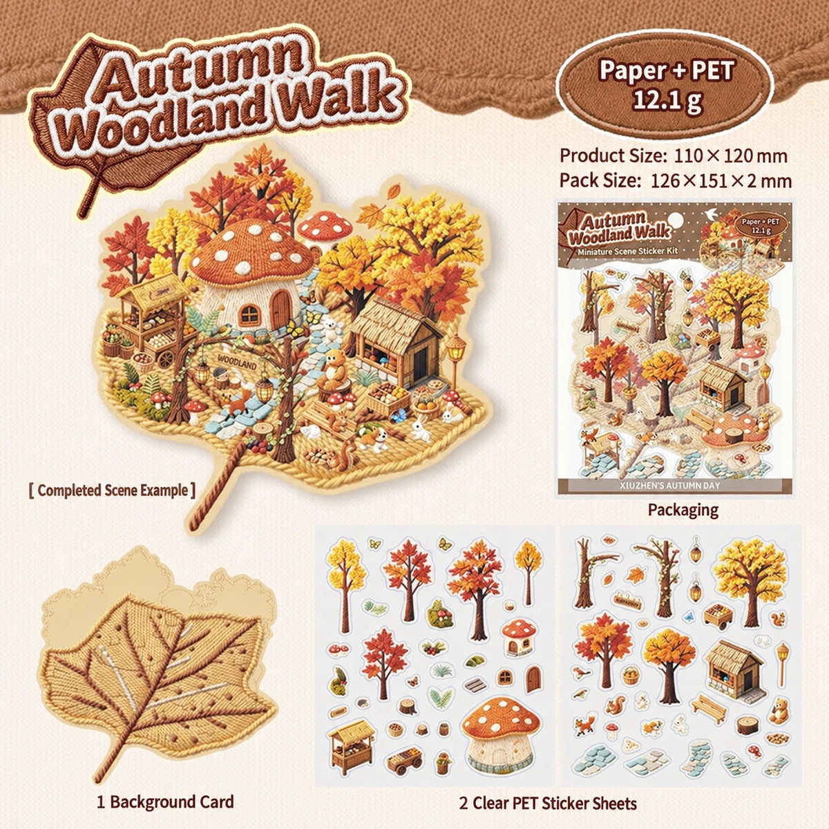 Autumn Woodland Walk DIY scene sticker kit: completed example, two PET sticker sheets, one background card and dimensions in English.