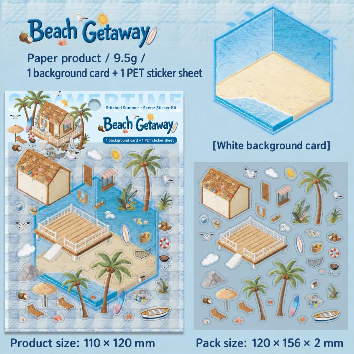 Beach Getaway DIY scene sticker kit: design, sticker sheet, background card and dimensions in English.