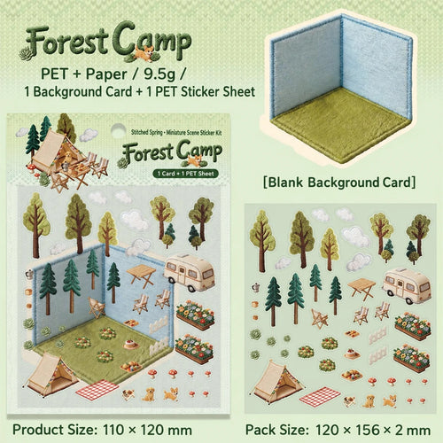 Forest Camp DIY scene sticker kit: design, sticker sheet, background card and dimensions in English.