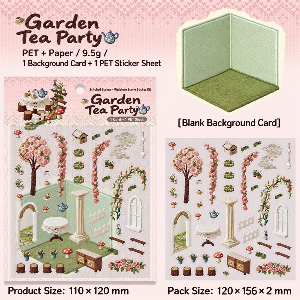 Garden Tea Party DIY scene sticker kit: design, sticker sheet, background card and dimensions in English.