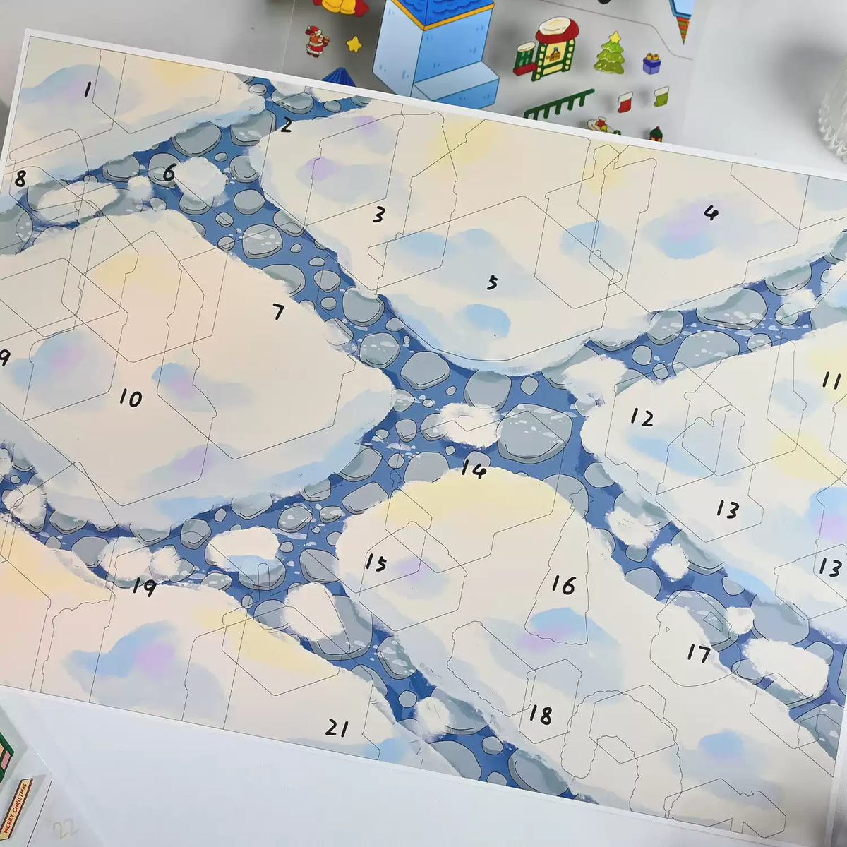 Numbered snowy scene card before assembly