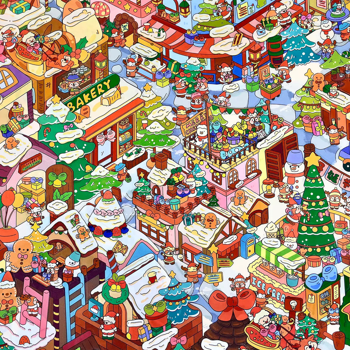 Close-up of Christmas village buildings and characters