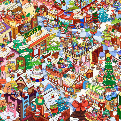 Close-up of Christmas village buildings and characters