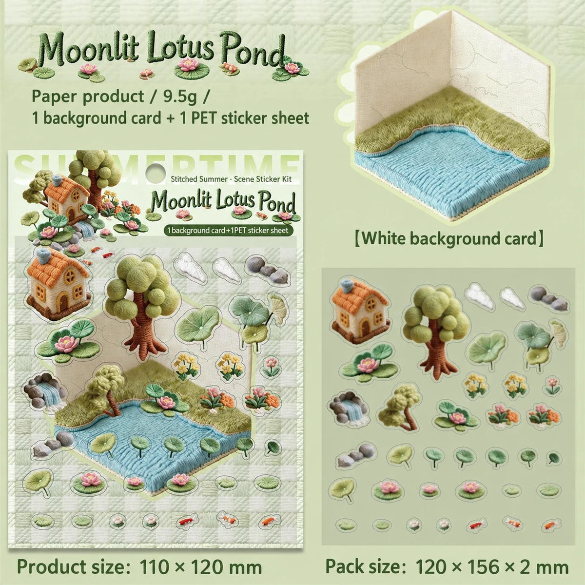Moonlit Lotus Pond DIY scene sticker kit: design, sticker sheet, background card and dimensions in English.