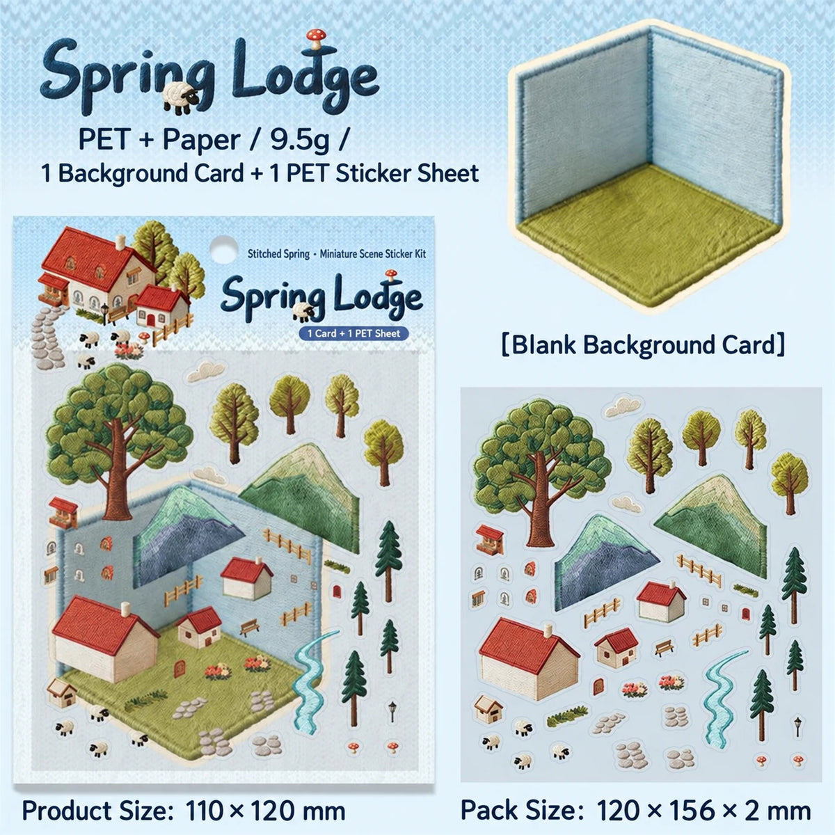 Spring Lodge DIY scene sticker kit: design, sticker sheet, background card and dimensions in English.