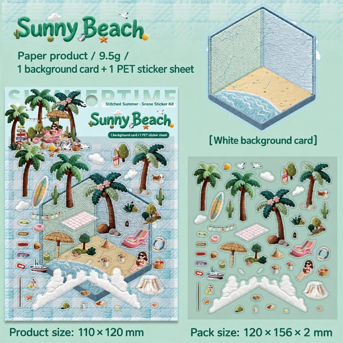 Sunny Beach DIY scene sticker kit: design, sticker sheet, background card and dimensions in English.