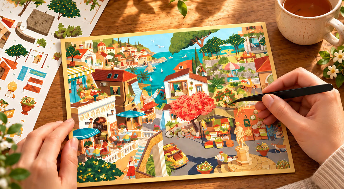 Ilustración de unas manos colocando una pegatina en una tarjeta plana de Sicilia sobre una mesa al sol.