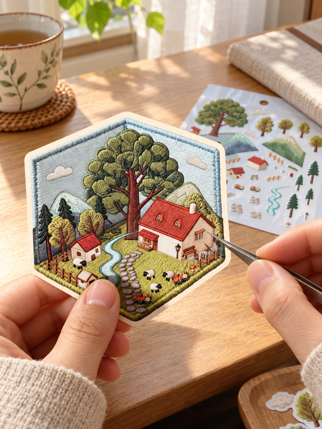 Illustrated home crafting scene with hands holding a Spring Lodge sticker card beside tweezers and a sticker sheet.